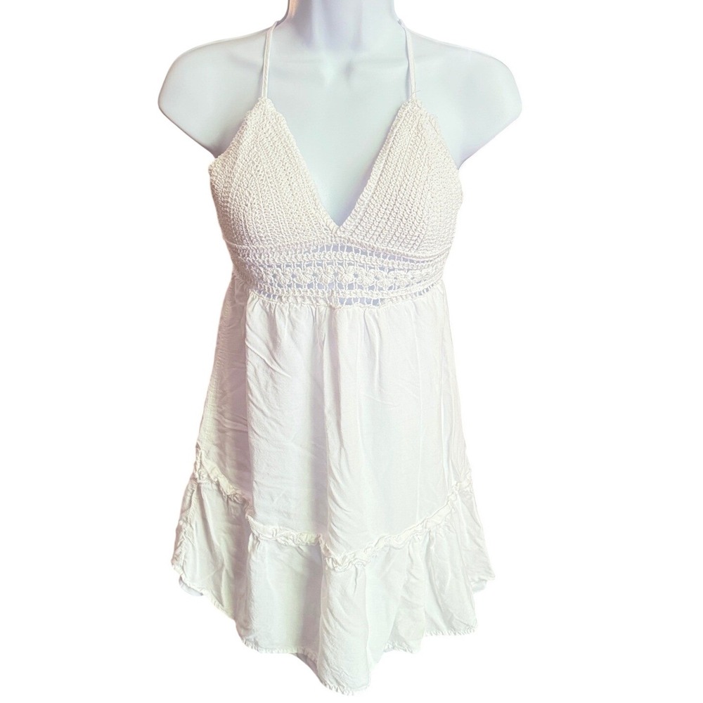 Rue21 Womens XS White Crochet Bodice Mini Dress Boho Festival Summer Ruffle Hem - Picture 3 of 14